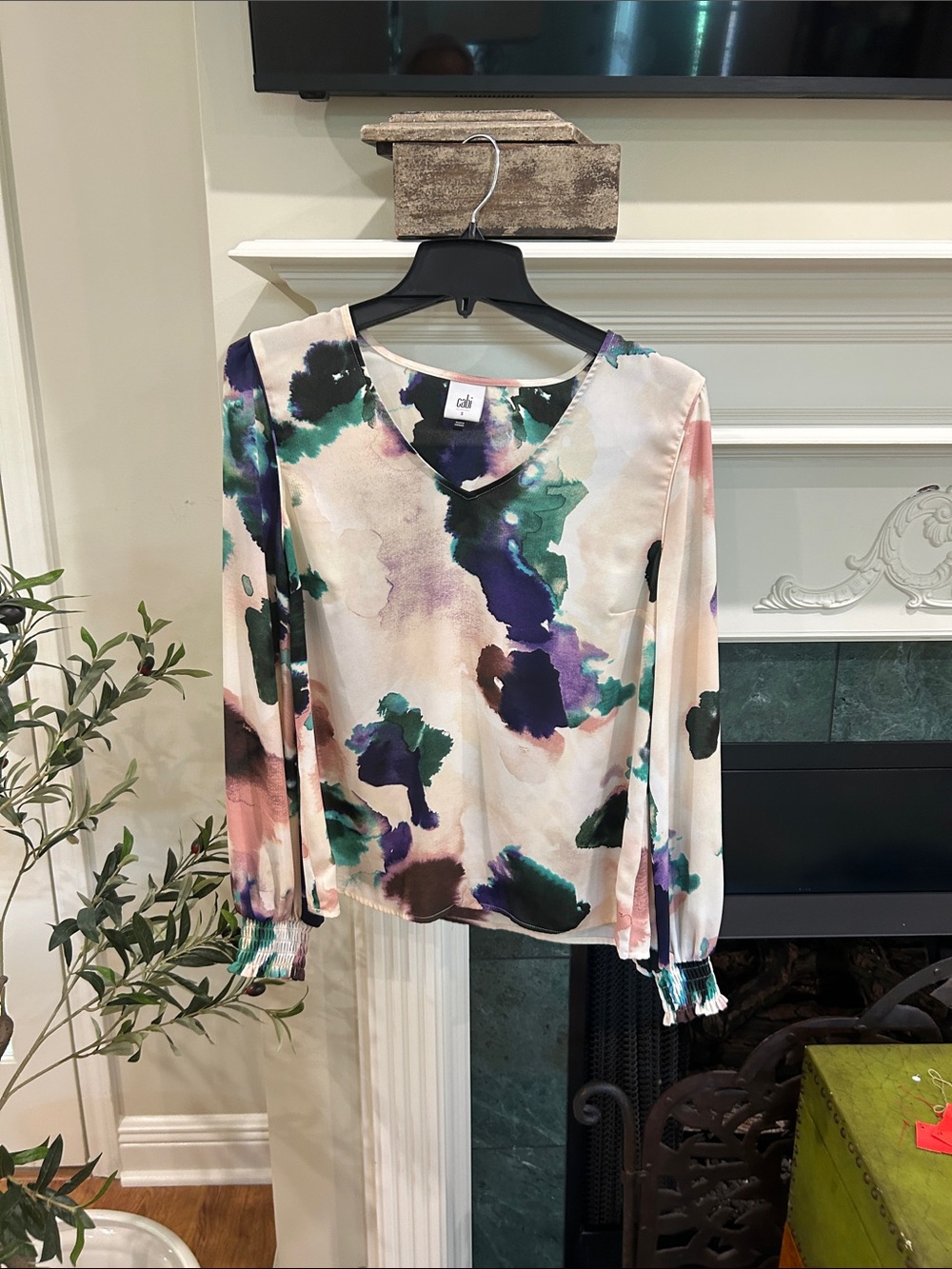 CAbi Watercolor V-Neck Blouse in Cream, Green, Purple